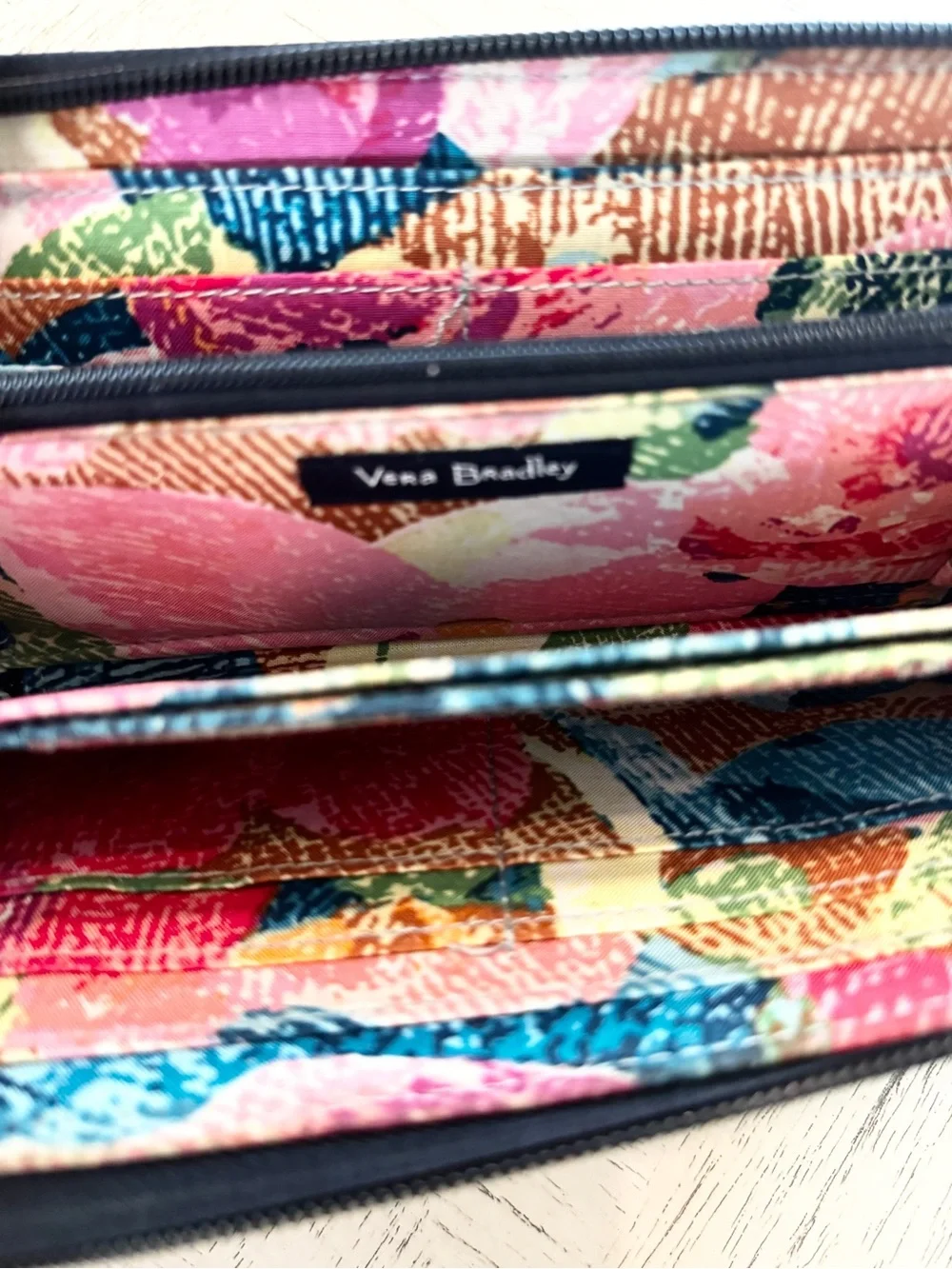 Vera Bradley Classic Navy Quilted Floral Embroidered RFID Zip Around Wallet